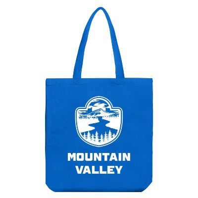Royal blue cotton tote bag with custom imprint and self-fabric handles.