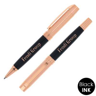 Rose gold and black custom logo writing set.