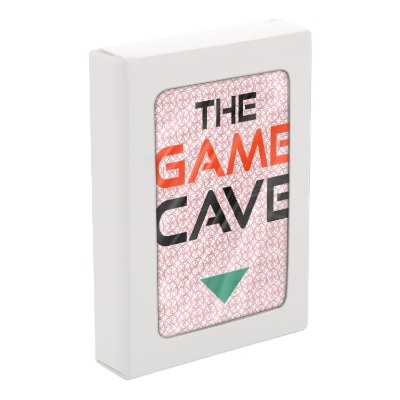 Red paper playing cards with a personalized logo.