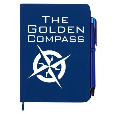 Logoed gray leather journal with pen and bookmark.