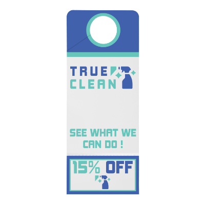 White plastic door hanger with a custom imprint.