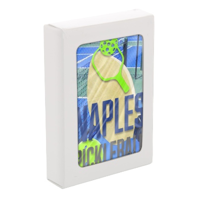 Pickleball paper playing cards with a personalized imprint.