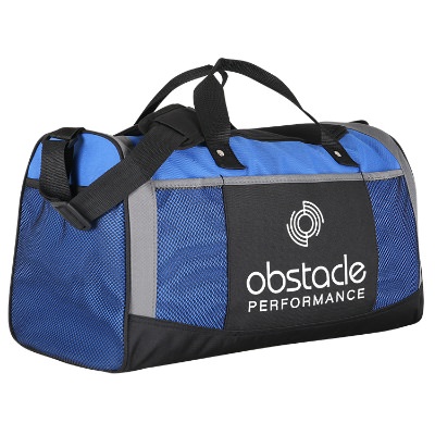 Polyester royal blue adventure duffel with custom imprinted.