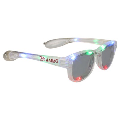 Plastic multicolor light up maui sunglasses with branded logo.