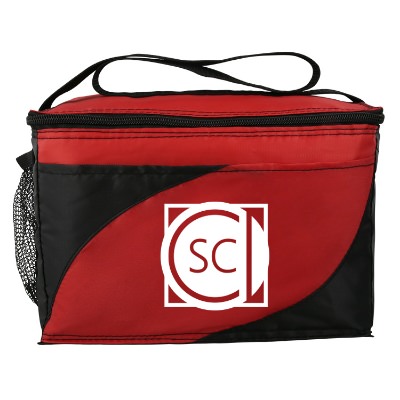 Polyester purple wave lunch cooler with promotional logo.