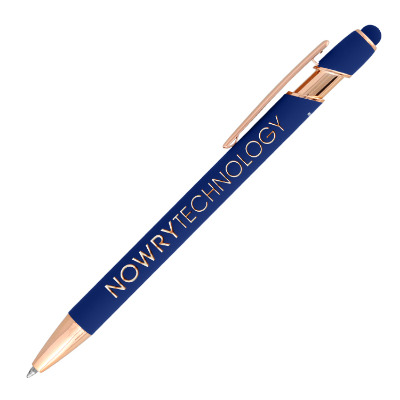 Dark blue aluminum pen with a custom logo.