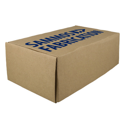 Brown cardboard box with a personalized logo.