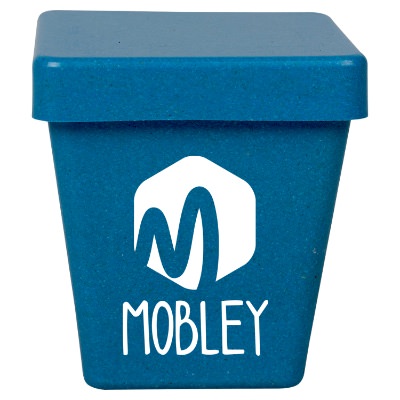 Blue plastic custom planter.