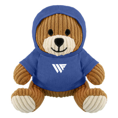 Plush and cotton corduroy bear with a blue hoodie with a personalized logo.