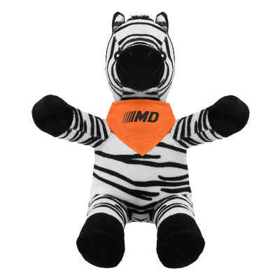 Plush and cotton zebra with a orange bandana with a personalized logo.
