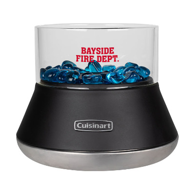 Black fire bowl with custom logo.