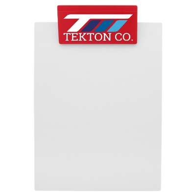 Red polystyrene clipboard with a personalized logo.