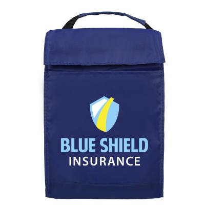 Polyester gray fold-over budget lunch bag with personalized full color logo.