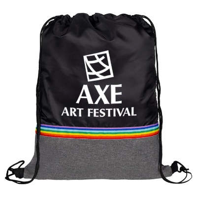 Black with rainbow accent drawstring bag with custom logo.