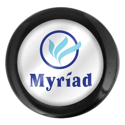 Black plastic massage roller with a custom imprint.