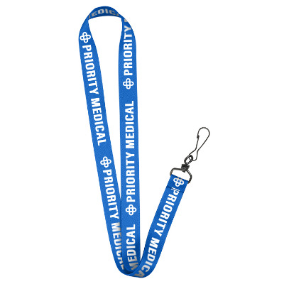 3/4 inch royal blue satin polyester lanyard with custom imprint and black j-hook.
