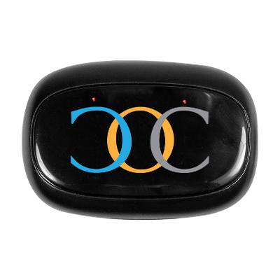 Black plastic earbuds with a full-color logo.