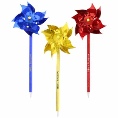 Plastic shiny spinable pinwheel pen.