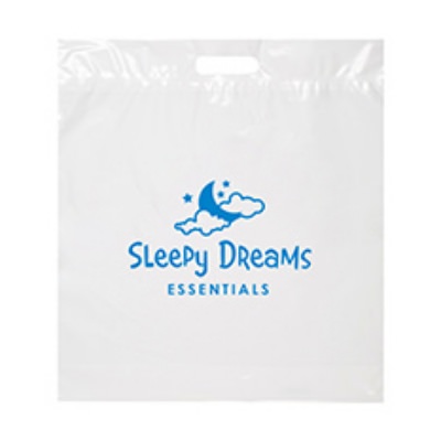 Plastic white die cut recyclable bag branded.