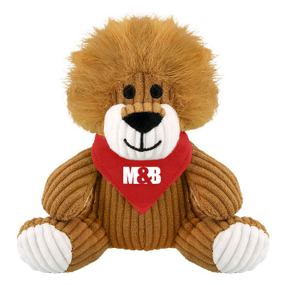 Plush and cotton corduroy lion with a red bandana with a personalized logo.