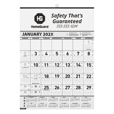 Contractor calendar with black numbering and color blocking with custom one color imprint.