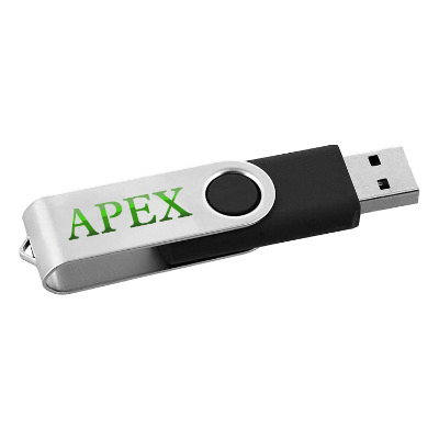 Black stainless steel flash drive with a custom logo.