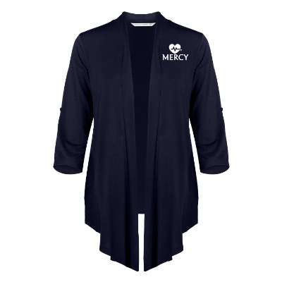 Navy blue cardigan with custom logo.