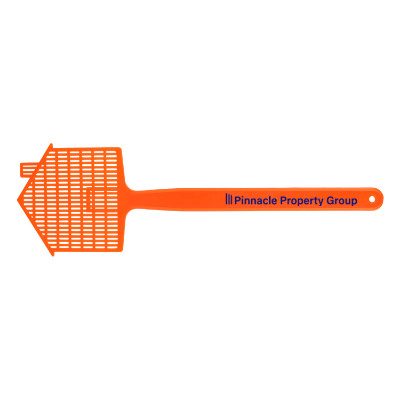 Orange polyethylene fly swatter with a custom imprint.