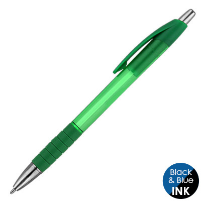 Translucent colorful pen with chrome trim.