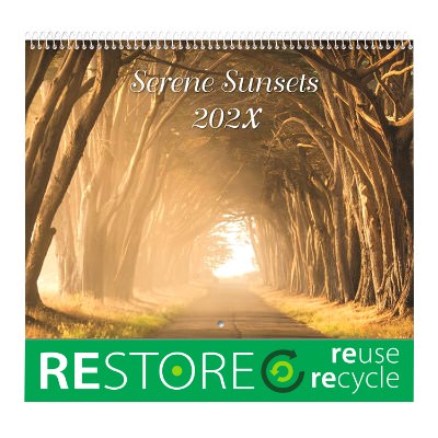 Serene sunsets spiral bound wall calendar with full color custom imprint.