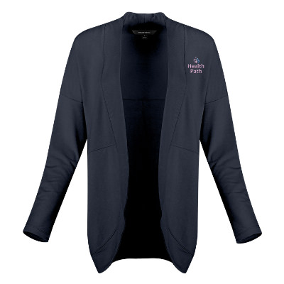 Custom navy blue cardigan with embroidered logo.