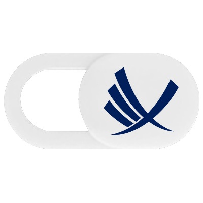 Plastic white webcam cover with a personalized logo.