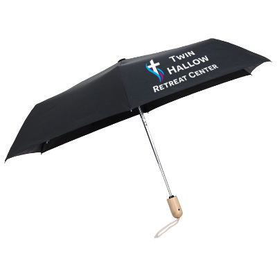 Black shed rain auto open-close bamboo compact umbrella with personalized full color imprint.