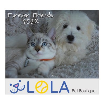 Stapled furry friends wall calendar with full color logo.