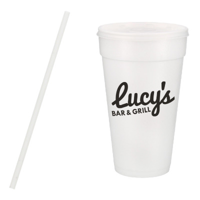 Styrofoam white foam cup with lid and straw and custom imprint in 20 ounces.