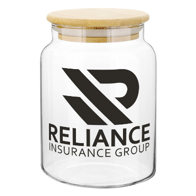 Clear glass jar with a personalized imprint.