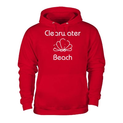 Personalized red hooded sweatshirt with logo.