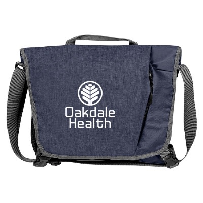 Blue messenger bag with zipper and custom logo.