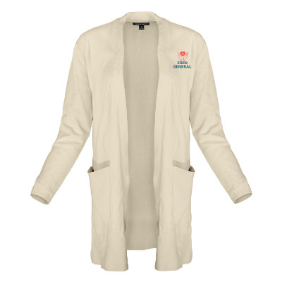 Cream cardigan with custom full color logo.