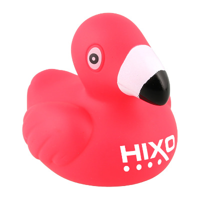 Pink plastic rubber duck with a customized imprint.