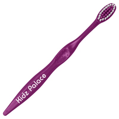 Purple plastic toothbrush with a branded logo.