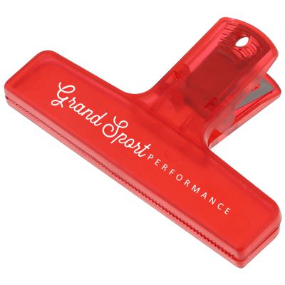 Plastic translucent red strong grip chip clip with custom print.