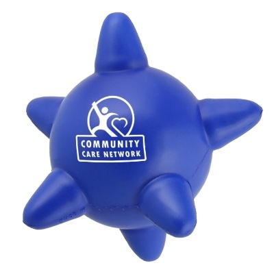 Blue foam stress ball with a custom logo.