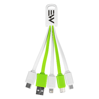 Green plastic charging buddy with a custom logo.