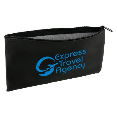 Black vinyl coin pouch with a custom logo.