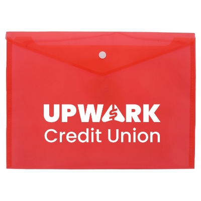 Red polypropylene document holder with a custom logo.