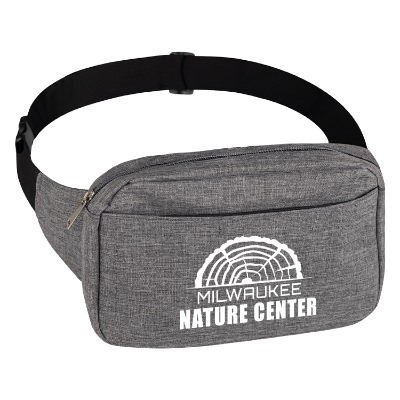 Customized charcoal fanny pack with white logo.