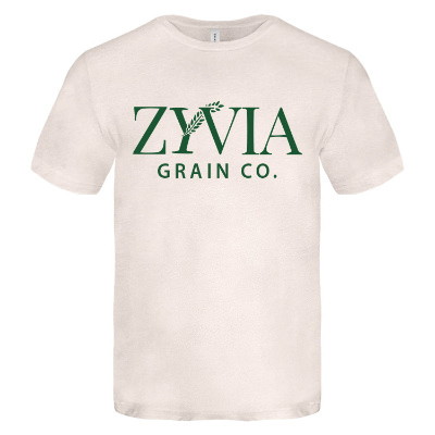 Heather dust tee with custom logo.