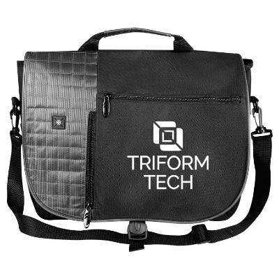 Textured black messenger bag with custom logo.