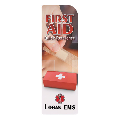 White cardstock bookmark with a branded imprint.